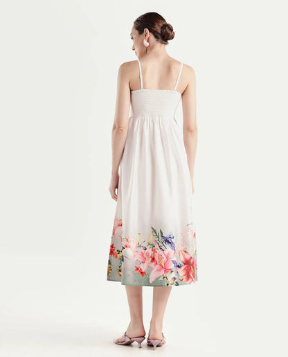 Rareism Women's Agate Off White Cotton Sleeveless Fit And Flare Printed Dress