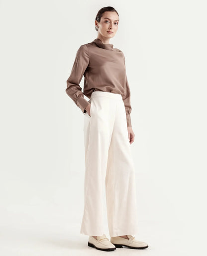 Rareism Women's Anina-B Beige Cotton Blend Flared Plain Trouser