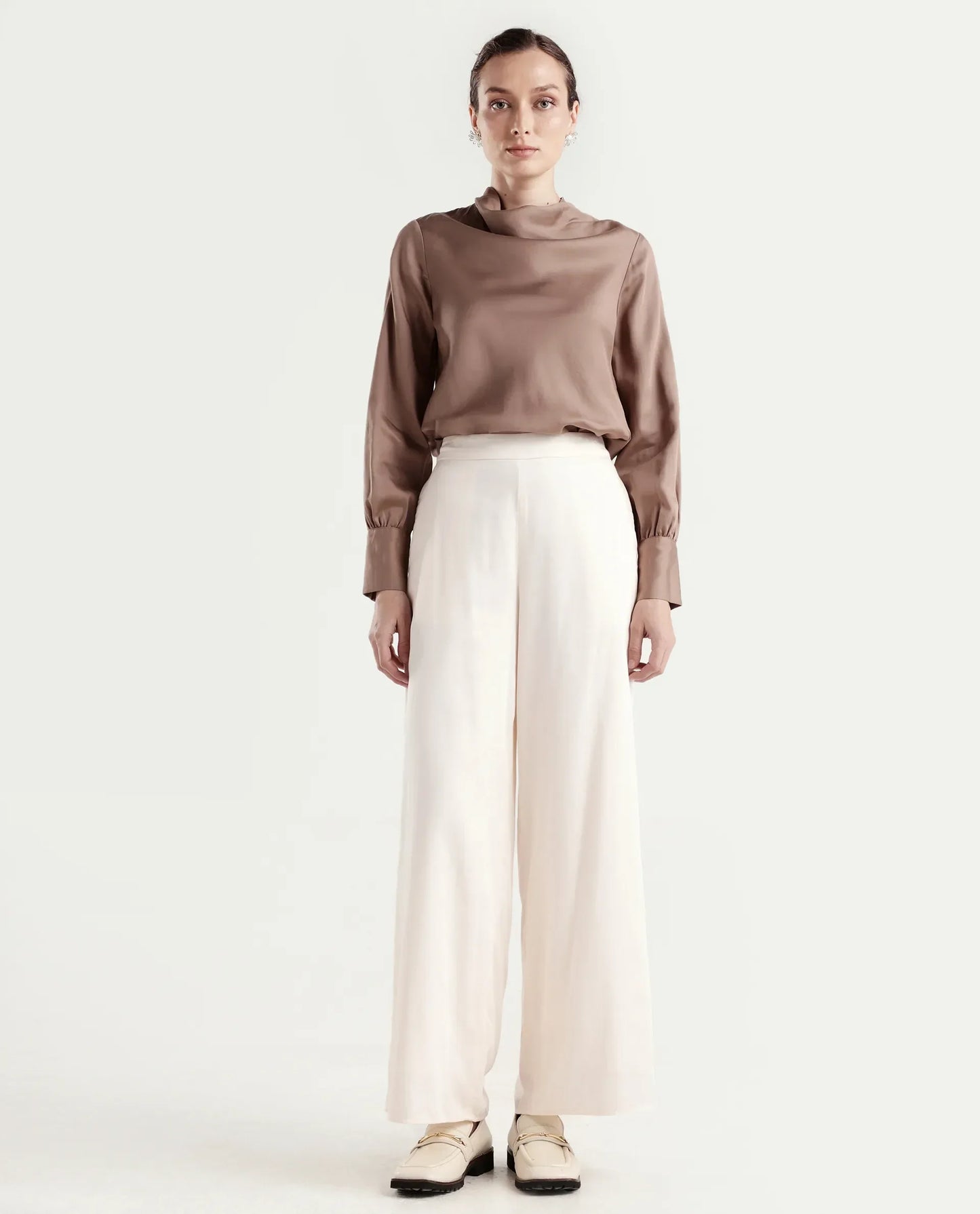 Rareism Women's Anina-B Beige Cotton Blend Flared Plain Trouser