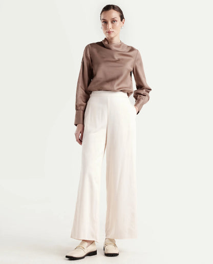 Rareism Women's Anina-B Beige Cotton Blend Flared Plain Trouser