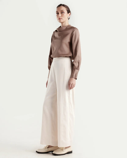 Rareism Women's Anina-B Beige Cotton Blend Flared Plain Trouser