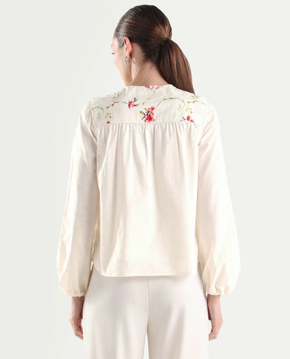 Rareism Women's Aroy-T Off White Cotton Full Sleeve Boxy Printed Top
