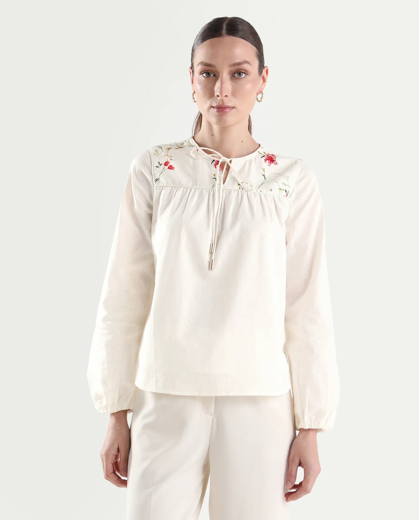 Rareism Women's Aroy-T Off White Cotton Full Sleeve Boxy Printed Top