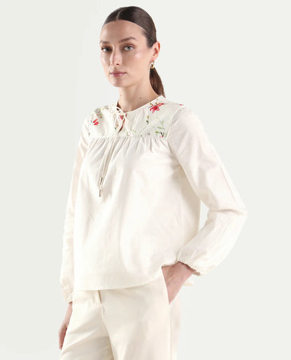 Rareism Women's Aroy-T Off White Cotton Full Sleeve Boxy Printed Top