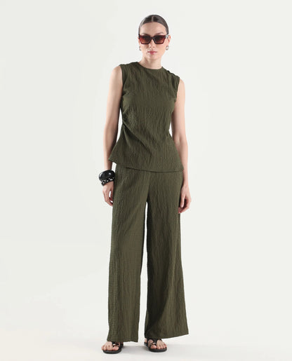 Rareism Women's Arrix-T Olive Polyester Sleeveless Regular Fit Plain Top