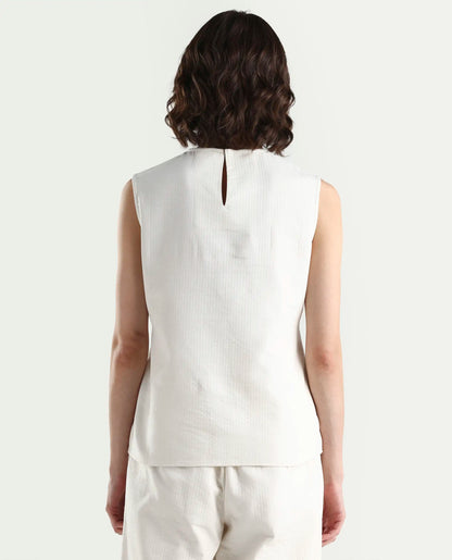 Rareism Women's Aubra-T Off White Cotton Sleeveless Crew Neck Regular Fit Plain Top