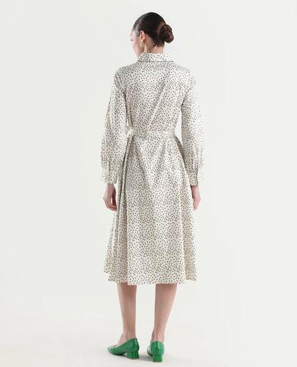 Rareism Women's Avac Off White Cotton Full Sleeve A-Line Polka Print Dress
