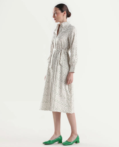Rareism Women's Avac Off White Cotton Full Sleeve A-Line Polka Print Dress