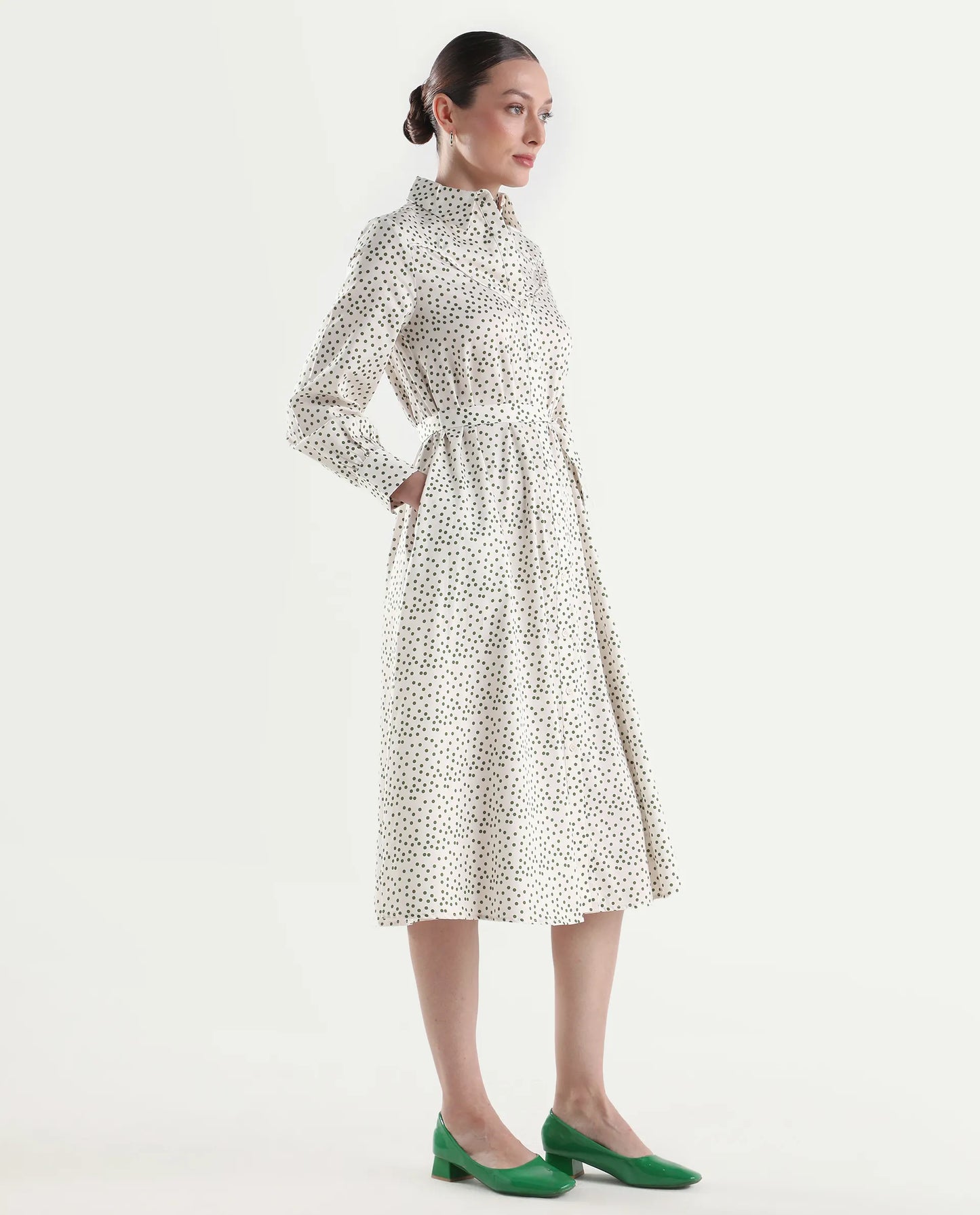 Rareism Women's Avac Off White Cotton Full Sleeve A-Line Polka Print Dress