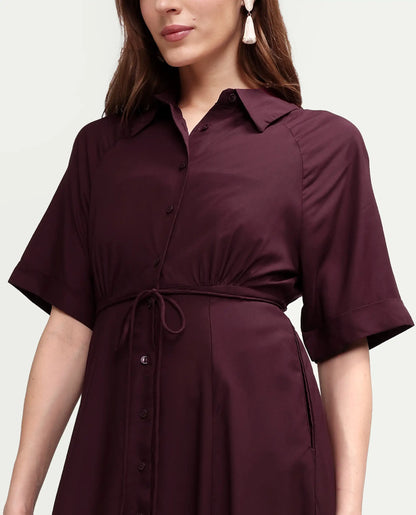 Rareism Women's Avaco Maroon Viscose Half Sleeve A-Line Plain Dress