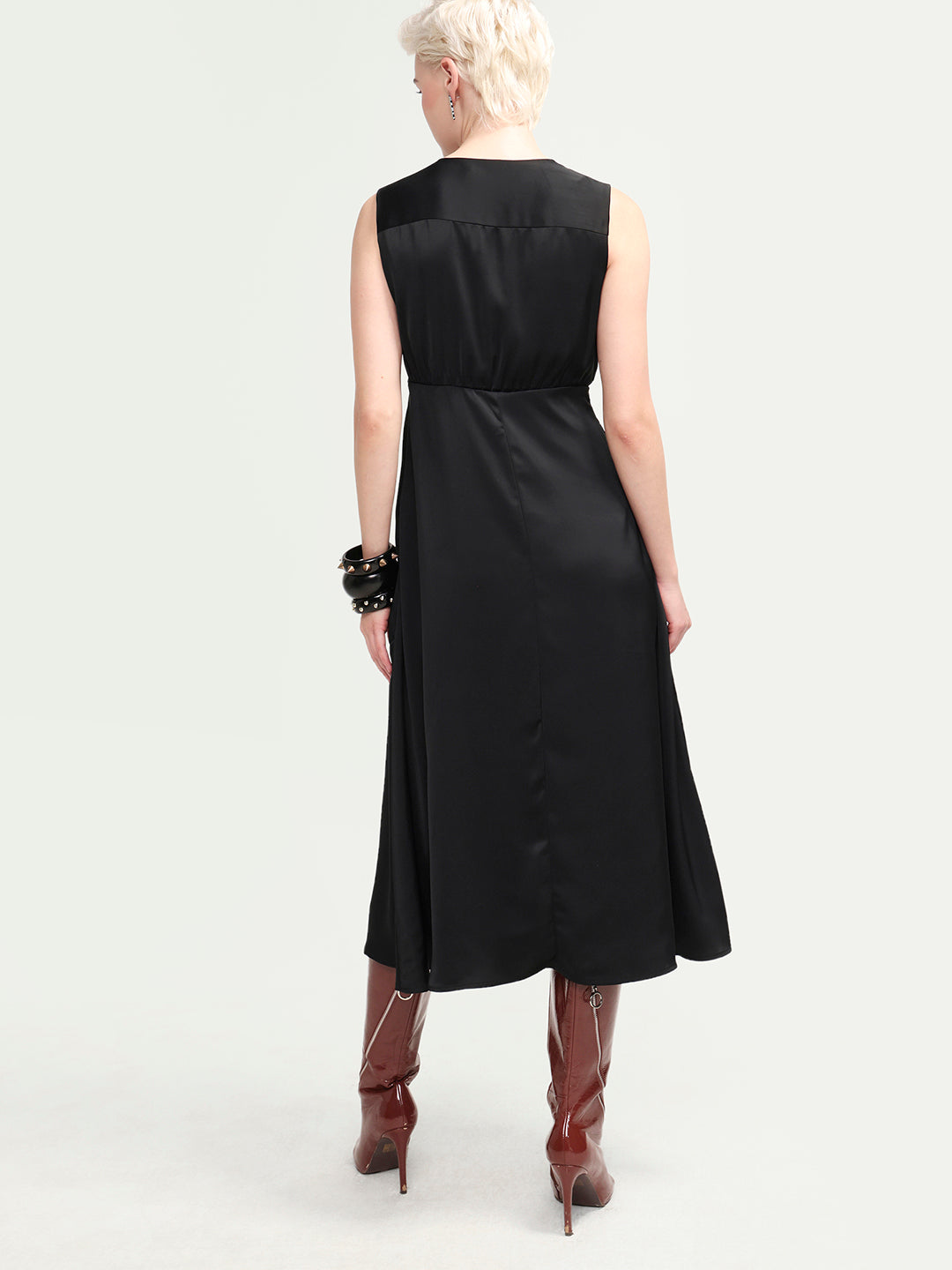 Rareism Women's Calen Black Polyester Sleeveless A-Line Plain Dress
