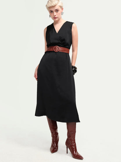 Rareism Women's Calen Black Polyester Sleeveless A-Line Plain Dress