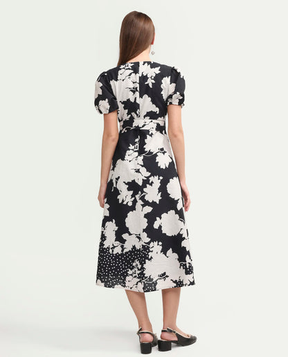 Rareism Women's Cazzy Black Cotton Half Sleeve Flared Floral Print Dress