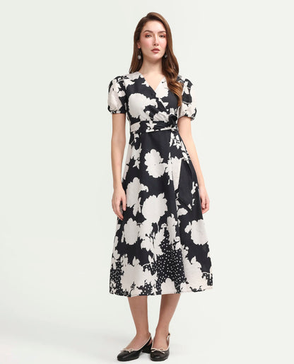 Rareism Women's Cazzy Black Cotton Half Sleeve Flared Floral Print Dress
