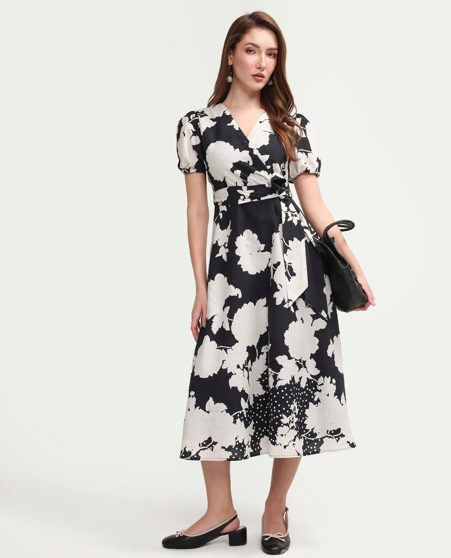 Rareism Women's Cazzy Black Cotton Half Sleeve Flared Floral Print Dress
