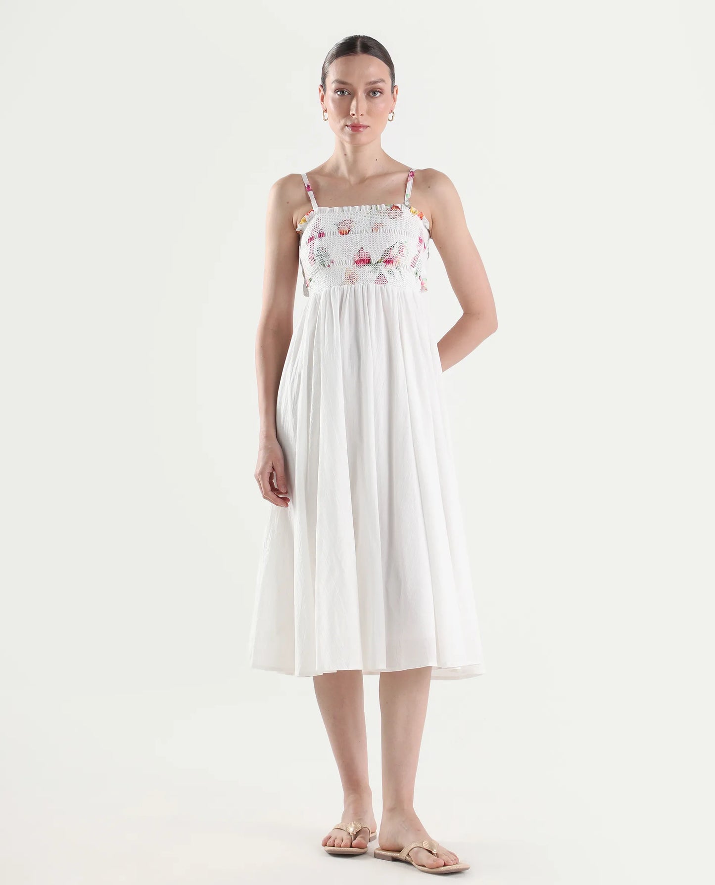 Rareism Women's Ceana Off White Cotton Sleeveless Fit And Flare Floral Print Dress