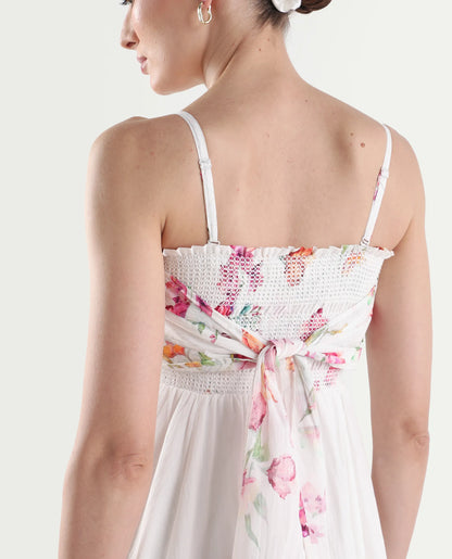 Rareism Women's Ceana Off White Cotton Sleeveless Fit And Flare Floral Print Dress