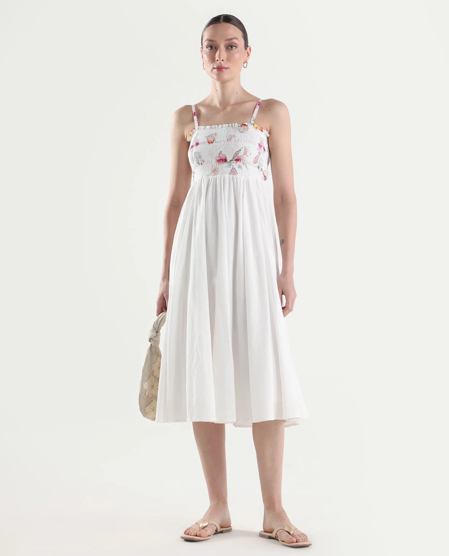 Rareism Women's Ceana Off White Cotton Sleeveless Fit And Flare Floral Print Dress
