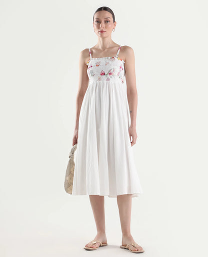 Rareism Women's Ceana Off White Cotton Sleeveless Fit And Flare Floral Print Dress