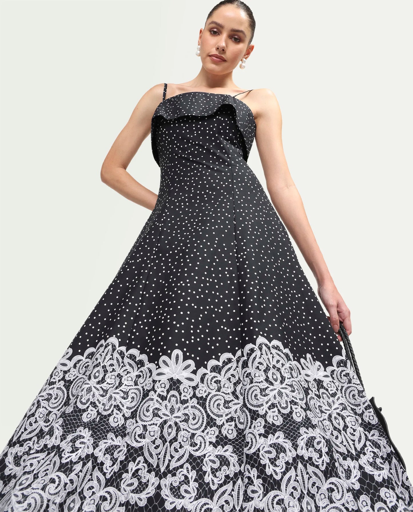 Rareism Women's Cerah Black Cotton Sleeveless A-Line Polka Print Dress