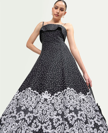 Rareism Women's Cerah Black Cotton Sleeveless A-Line Polka Print Dress