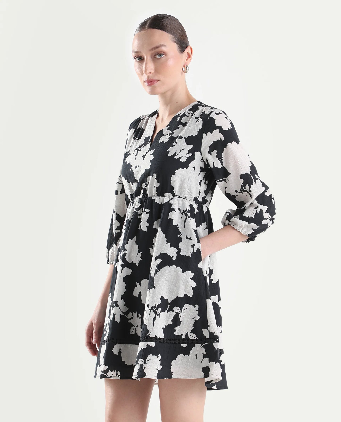 Rareism Women's Cezar Black Cotton 3/4Th Sleeve Flared Printed Dress