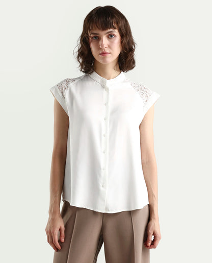 Rareism Women's Cida Off White Viscose Blend Half Sleeve Regular Fit Plain Top