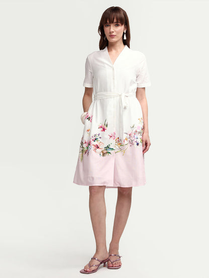 Rareism Women's Cilian White Cotton Blend Half Sleeve A-Line Floral Print Dress