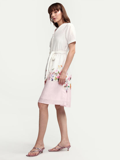 Rareism Women's Cilian White Cotton Blend Half Sleeve A-Line Floral Print Dress