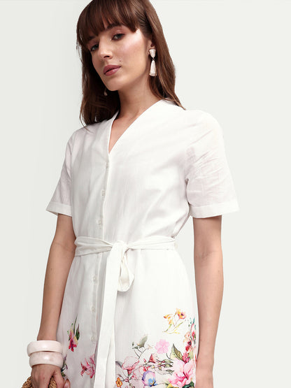 Rareism Women's Cilian White Cotton Blend Half Sleeve A-Line Floral Print Dress