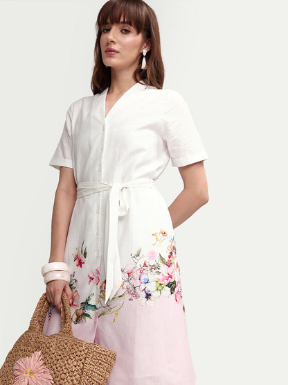 Rareism Women's Cilian White Cotton Blend Half Sleeve A-Line Floral Print Dress