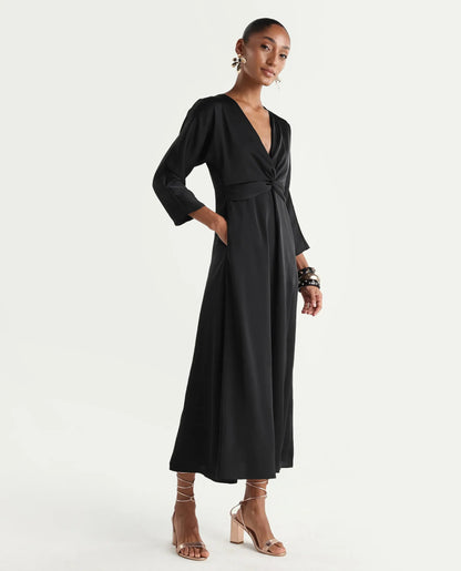 Rareism Women's Cleah Black Polyester 3/4Th Sleeve Flared Plain Dress