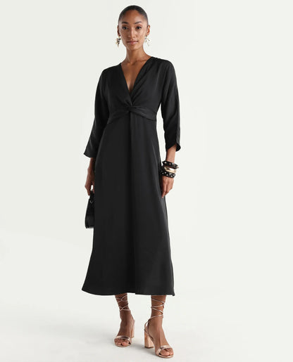 Rareism Women's Cleah Black Polyester 3/4Th Sleeve Flared Plain Dress