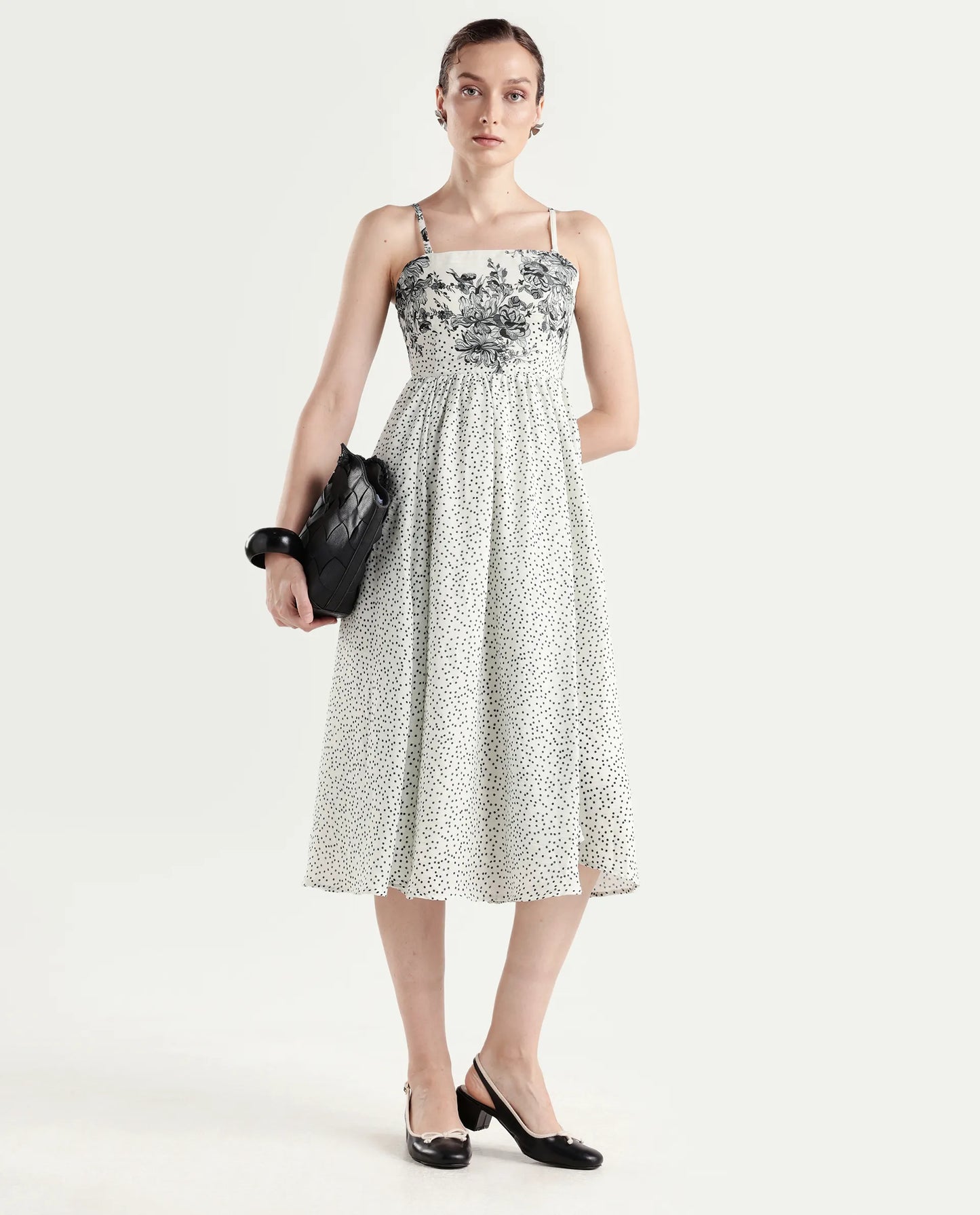 Rareism Women's Clora Off White Polyester Sleeveless Fit And Flare Floral Print Dress