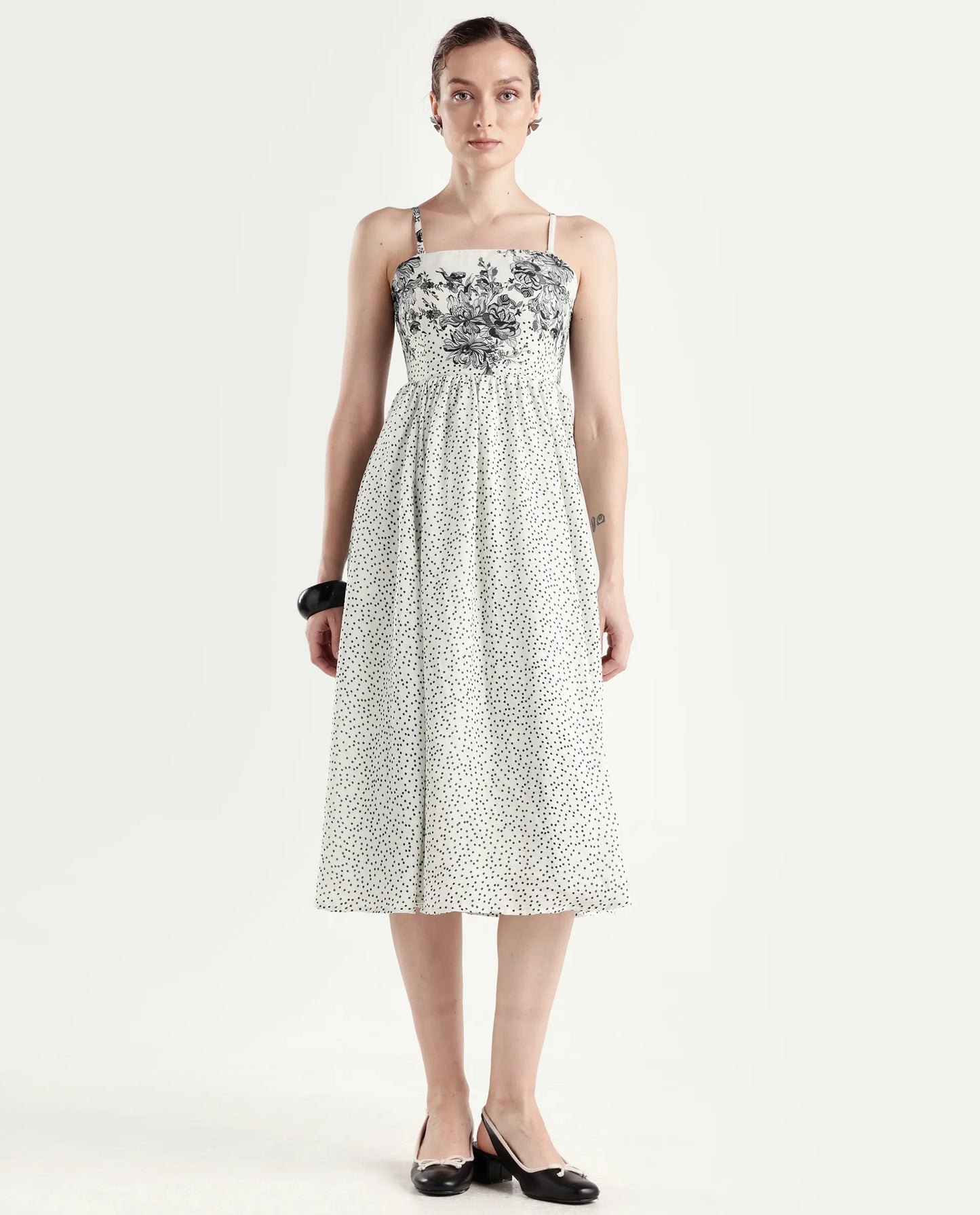 Rareism Women's Clora Off White Polyester Sleeveless Fit And Flare Floral Print Dress