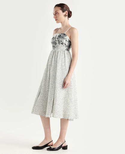 Rareism Women's Clora Off White Polyester Sleeveless Fit And Flare Floral Print Dress