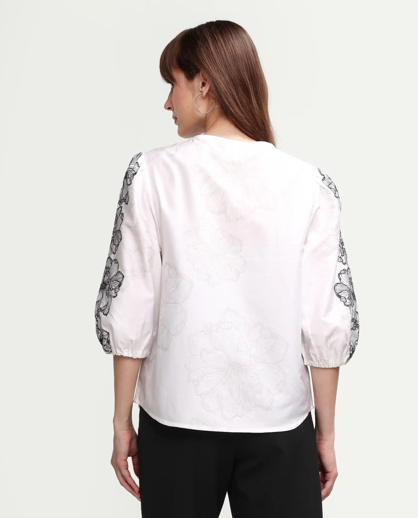Rareism Women's Clov White Cotton 3/4Th Sleeve Regular Fit Floral Print Top