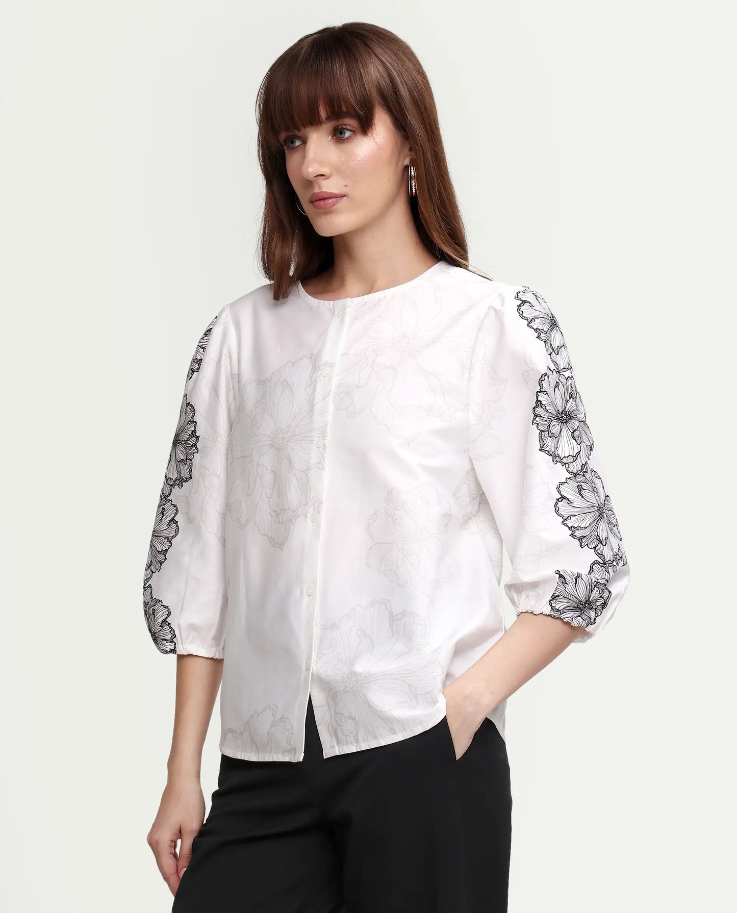 Rareism Women's Clov White Cotton 3/4Th Sleeve Regular Fit Floral Print Top