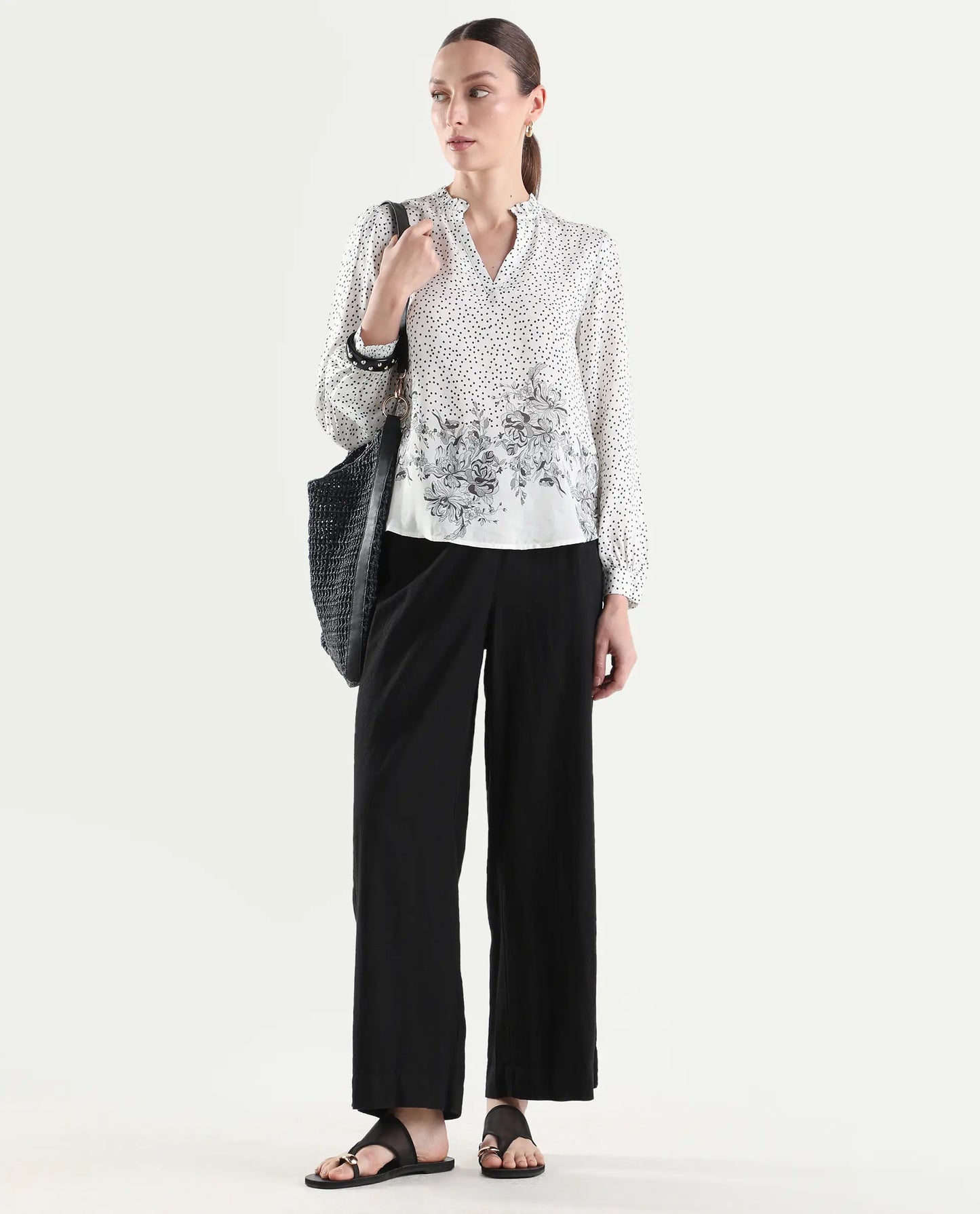 Rareism Women's Coco Off White Viscose Blend Full Sleeve Relaxed Fit Floral Print Top