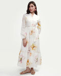 Rareism Women's Mehik Off White Cotton Full Sleeve Mandarin Collar Tiered Floral Print Dress