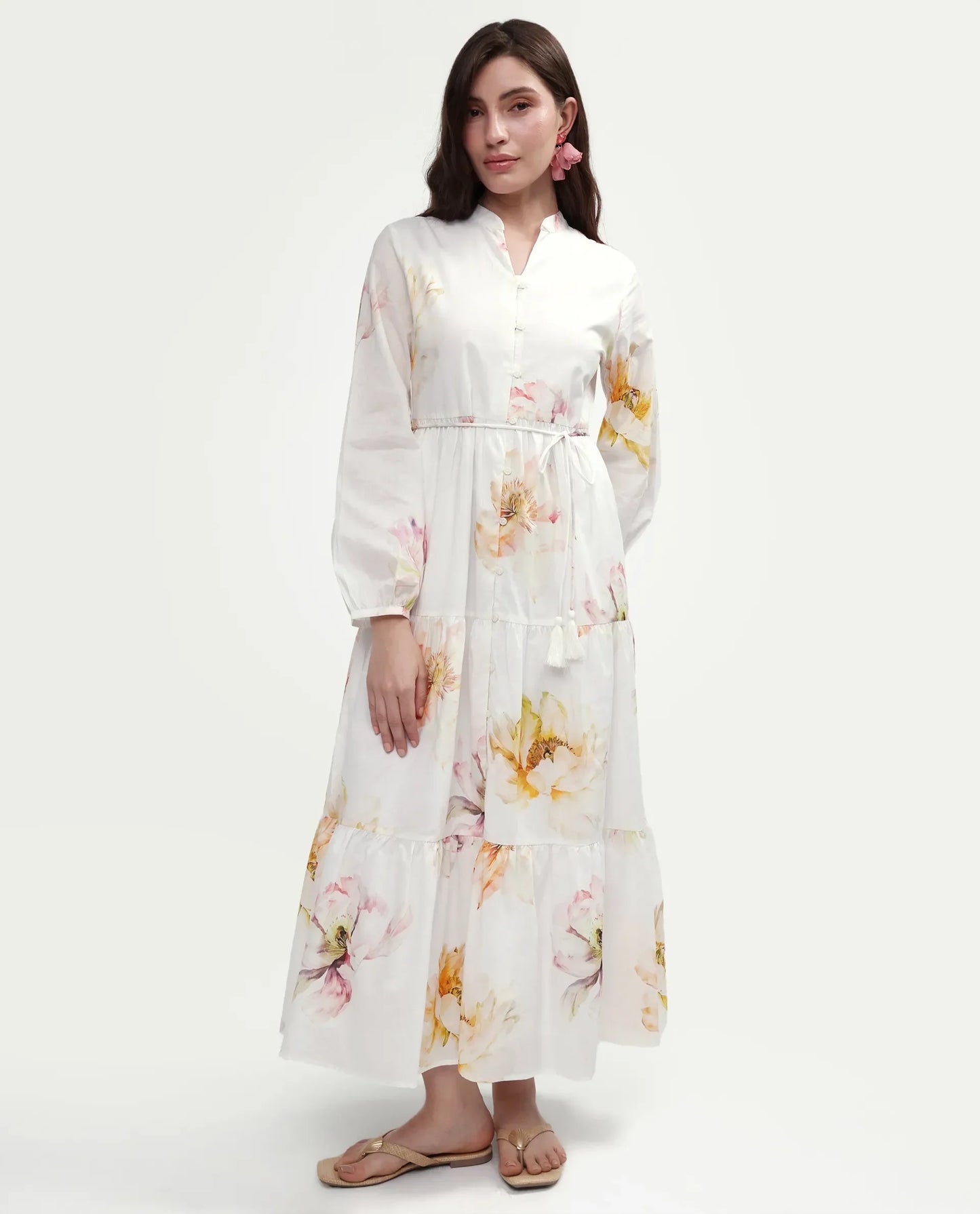 Rareism Women's Mehik Off White Cotton Full Sleeve Mandarin Collar Tiered Floral Print Dress