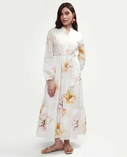 Rareism Women's Mehik Off White Cotton Full Sleeve Mandarin Collar Tiered Floral Print Dress
