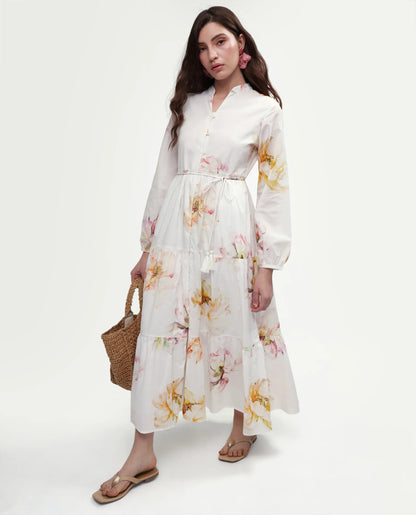 Rareism Women's Mehik Off White Cotton Full Sleeve Mandarin Collar Tiered Floral Print Dress