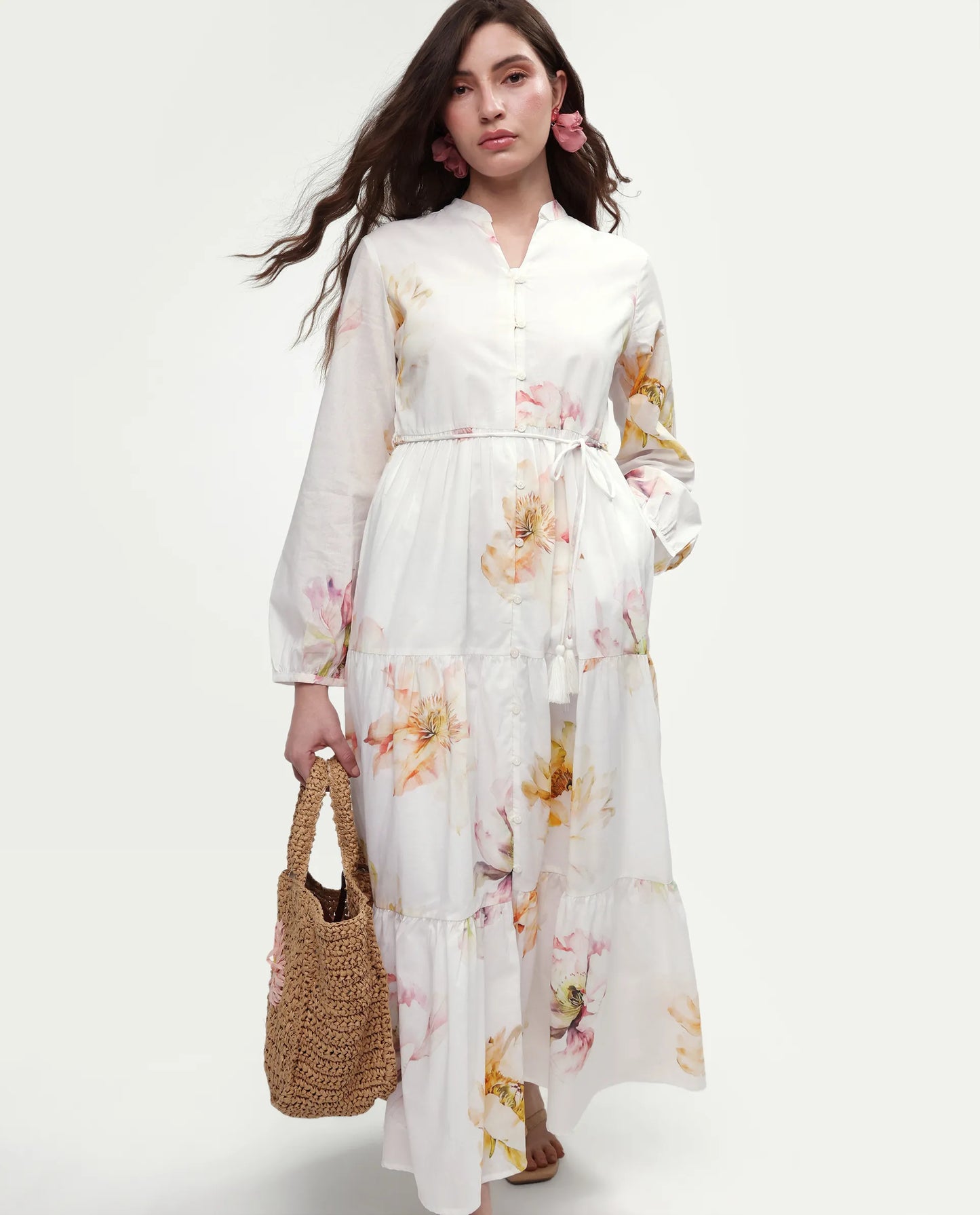Rareism Women's Mehik Off White Cotton Full Sleeve Mandarin Collar Tiered Floral Print Dress