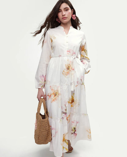 Rareism Women's Mehik Off White Cotton Full Sleeve Mandarin Collar Tiered Floral Print Dress
