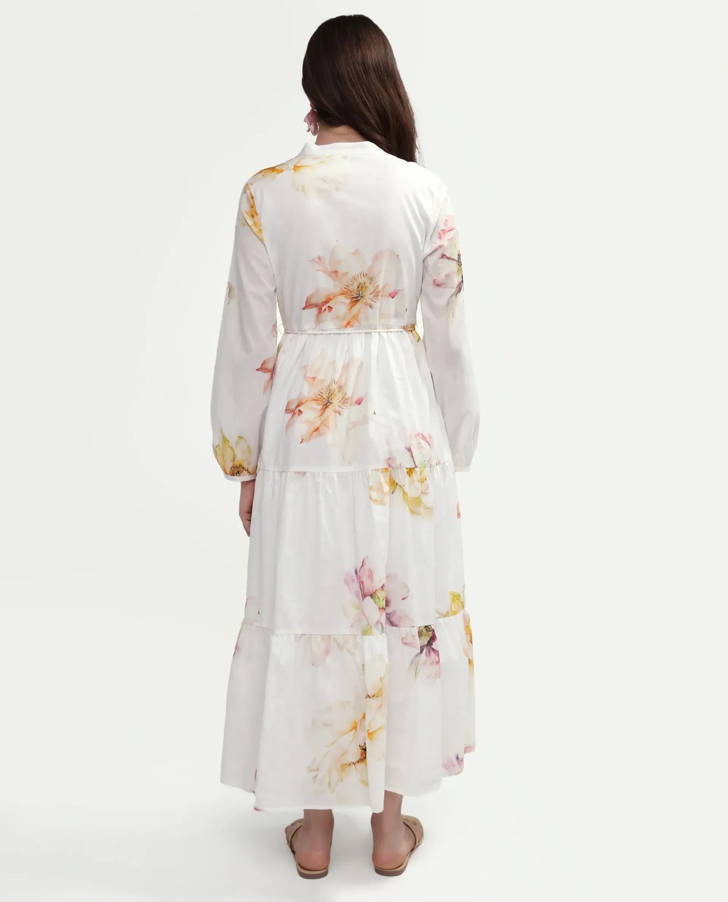 Rareism Women's Mehik Off White Cotton Full Sleeve Mandarin Collar Tiered Floral Print Dress