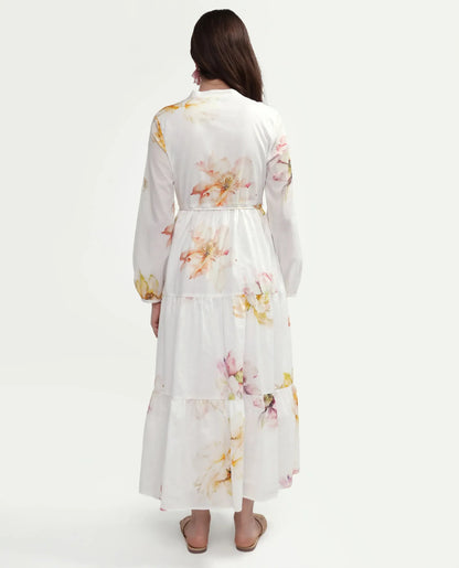 Rareism Women's Mehik Off White Cotton Full Sleeve Mandarin Collar Tiered Floral Print Dress