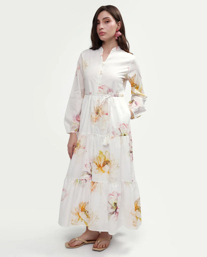Rareism Women's Mehik Off White Cotton Full Sleeve Mandarin Collar Tiered Floral Print Dress
