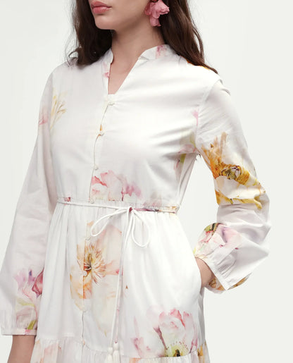 Rareism Women's Mehik Off White Cotton Full Sleeve Mandarin Collar Tiered Floral Print Dress