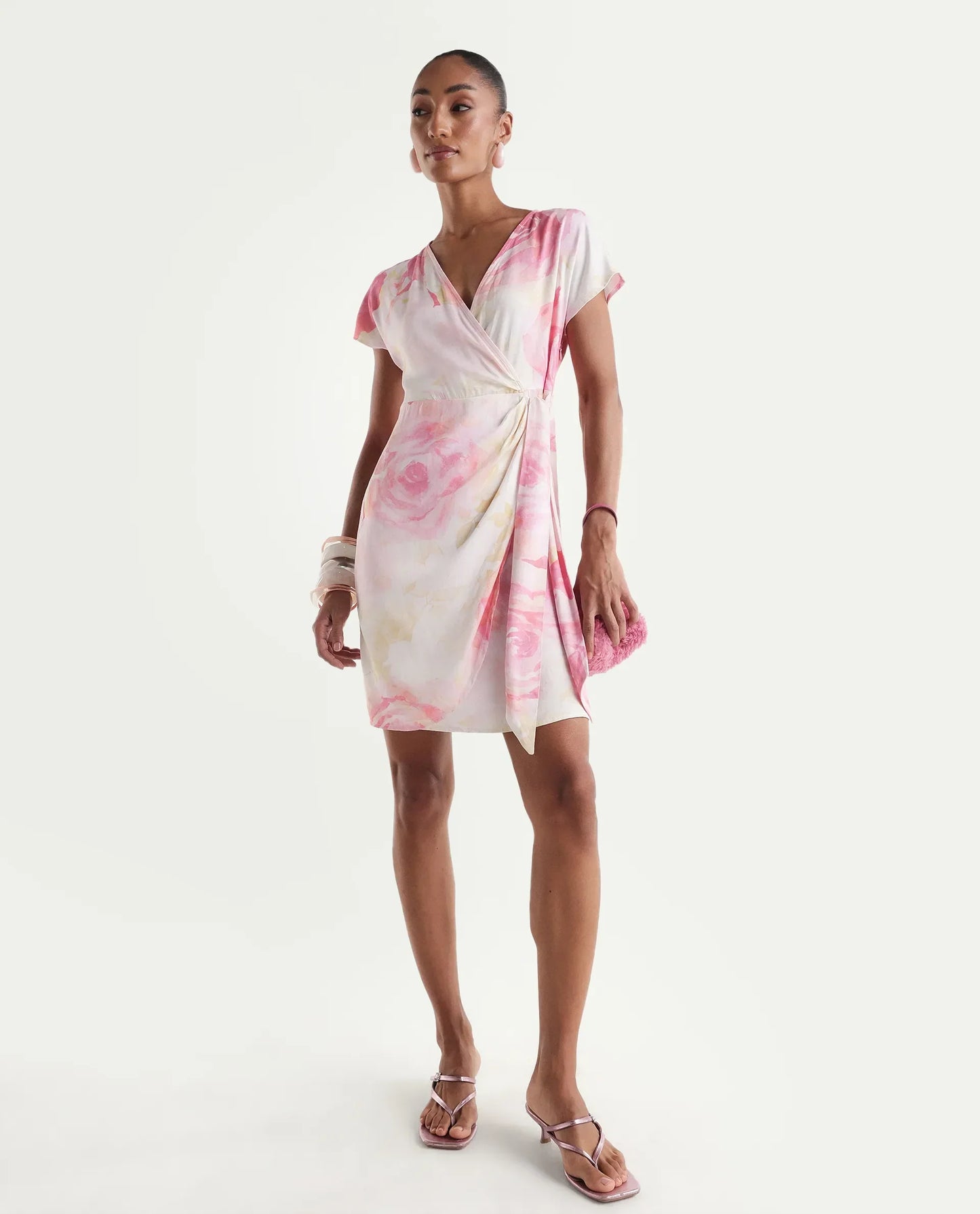 Rareism Women's Meya Off White Viscose Satin Half Sleeve V-Neck Floral Print Dress